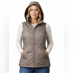 Columbia Hooded Insulated Vest Women’s Large Gray Taupe Zip Lightweight Outdoor